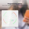 A close-up of a smart thermostat with text overlay describing its programming features. Podgląd zdjęcia produktu