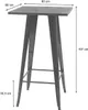 A tall square bar table with a wooden top and metal legs, shown with dimensions indicated. Voir les images du produit