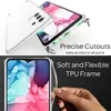 A collage of images showing a clear phone case with a colorful abstract design and text highlighting its features. Produktbild-Vorschau