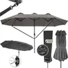 A collage of images showcasing a large, dark gray patio umbrella, its cover, and a close-up of its mechanism. Náhled obrázku produktu