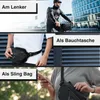 Collage showing a Valkental ValkCity bicycle bag used in three different ways: attached to handlebars, worn as a waist bag, and worn as a sling bag. Podgląd zdjęcia produktu