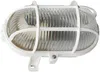 A white oval light fixture with a clear, ribbed glass cover and a white protective cage. Produktbild-Vorschau