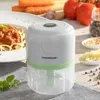 A mini food chopper is placed on a table next to a plate of spaghetti, with ingredients like carrots, tomatoes, and garlic in the background. Náhľad obrázku produktu