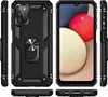 A collage of images showing a black phone case from different angles, including a close-up of the back with a ring holder and a view of the phone screen inside the case. Produktbild-Vorschau