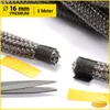 A close-up of a braided gasket material, with scissors and yellow tape for cutting and marking. Produktbild-Vorschau