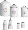 A collection of white ceramic kitchen canisters and dispensers with brown lettering and decorative elements, arranged on a white background. Produktbild-Vorschau