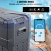 A portable refrigerator with a smartphone showing app control. Produktbild-Vorschau