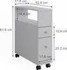 A white rolling cabinet with two drawers and an open shelf, shown with dimensions indicated by measurement lines and text. Náhľad obrázku produktu