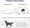 Diagrams showing the dimensions of a pet sofa and a cushion pad, along with a silhouette of a dog indicating size recommendations. Podgląd zdjęcia produktu