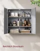 A gray bathroom cabinet with its doors open, displaying various toiletries and towels on its shelves. Produktbild-Vorschau