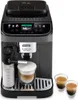 A black DeLonghi Magnifica Evo Next coffee machine with a milk frother and two cups of espresso. Voir les images du produit