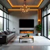 A modern living room with a large television, electric fireplace, and sofa. Produktbild-Vorschau