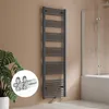 A bathroom towel radiator with a valve attachment shown in a bathroom setting. Produktbild-Vorschau