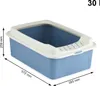A blue and white litter box with dimensions indicated by measurement lines and text. Voir les images du produit