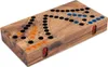 A wooden board game with black, orange, and blue playing pieces. Produktbild-Vorschau