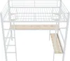 A white metal loft bed with a wooden desk and shelf, shown against a white background. Náhled obrázku produktu