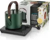 A green electric kettle with a brown handle sits on a black base station next to its packaging. Podgląd zdjęcia produktu