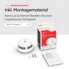 A product shot featuring a smoke detector, its packaging, and mounting accessories, with marketing text. Produktbild-Vorschau