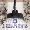 A vacuum cleaner head is shown cleaning a dirty carpet, with a graphic overlay indicating its function. Produktbild-Vorschau