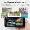 A collage of lifestyle images and a smartphone screen displaying multiple camera feeds, illustrating the product's smart playback feature. Produktbild-Vorschau