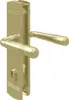 A close-up, studio shot of a brass-look door handle set with a lock cylinder cover. Produktbild-Vorschau