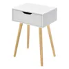 A white bedside table with a single drawer and three wooden legs, presented against a white background. Náhled obrázku produktu