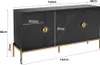 A black sideboard with gold accents and legs, shown with dimensions and measurements. Produktbild-Vorschau