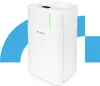 A white dehumidifier with a digital display and indicator lights, set against a white background with abstract blue shapes. Voir les images du produit