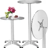 Two silver bar tables are shown against a white background. One table has a drink, a slice of cake, and a small bouquet of pink flowers on it. The other table is shown from the side with its top folded down. Náhled obrázku produktu