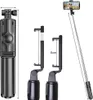 A product image showing a selfie stick and tripod with a phone attached, along with diagrams illustrating its dimensions and functionality. Podgląd zdjęcia produktu