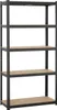 A black metal shelving unit with five wooden shelves against a white background. Produktbild-Vorschau