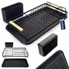 A collage of images showing a black dish drying rack with wooden handles and a utensil holder. Podgląd zdjęcia produktu