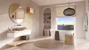 A modern bathroom with a freestanding bathtub, vanity, and a large window overlooking the ocean. Produktbild-Vorschau