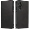 A black leather flip case for a Samsung Galaxy A55 5G phone, shown from two angles. Produktbild-Vorschau