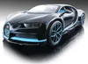 A black Bugatti Chiron model car with blue accents and wheels, displayed on a reflective surface against a gradient background. Voir les images du produit