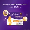Marketing image for Femibion 1 prenatal vitamins, showing packaging and highlighting key ingredients. Produktbild-Vorschau