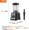 A black commercial blender with its accessories and dimensions displayed. Náhled obrázku produktu