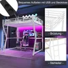 A loft bed with a desk and gaming setup underneath, featuring LED lighting. Produktbild-Vorschau
