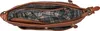 An overhead view of an open brown leather handbag, showing its interior compartments and plaid lining. Produktbild-Vorschau