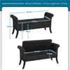 Diagrams showing the dimensions of a black storage bench. Podgląd zdjęcia produktu