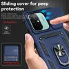 A hand holding a blue phone case with a sliding camera cover and ring holder. Produktbild-Vorschau