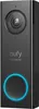 A front view of a black Eufy video doorbell with a blue illuminated ring around the button. Voir les images du produit