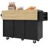 A black and wood-tone kitchen island with a fold-out countertop, on wheels, with bottles and boxes on top. Produktbild-Vorschau
