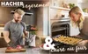 A split image showing a man using a meat grinder on the left and a woman putting cookies into an oven on the right, with text overlays. Náhľad obrázku produktu