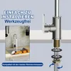 A close-up of a kitchen faucet with text overlays highlighting installation and compatibility, and a smaller inset image of a sink with fruit. Produktbild-Vorschau