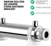A close-up of a water sterilizer with text highlighting its features. Produktbild-Vorschau