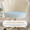 Close-up of a beige office chair with a light blue seat cushion, featuring text overlays highlighting its features. Voir les images du produit