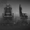 A gaming chair shown from the front and side with dimensions overlaid. Produktbild-Vorschau