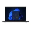 A black Lenovo ThinkPad laptop is shown from the front, open and displaying a Windows 11 interface with a blue abstract wallpaper. Produktbild-Vorschau