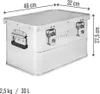 A silver aluminum storage box with dimensions and capacity indicated. Produktbild-Vorschau